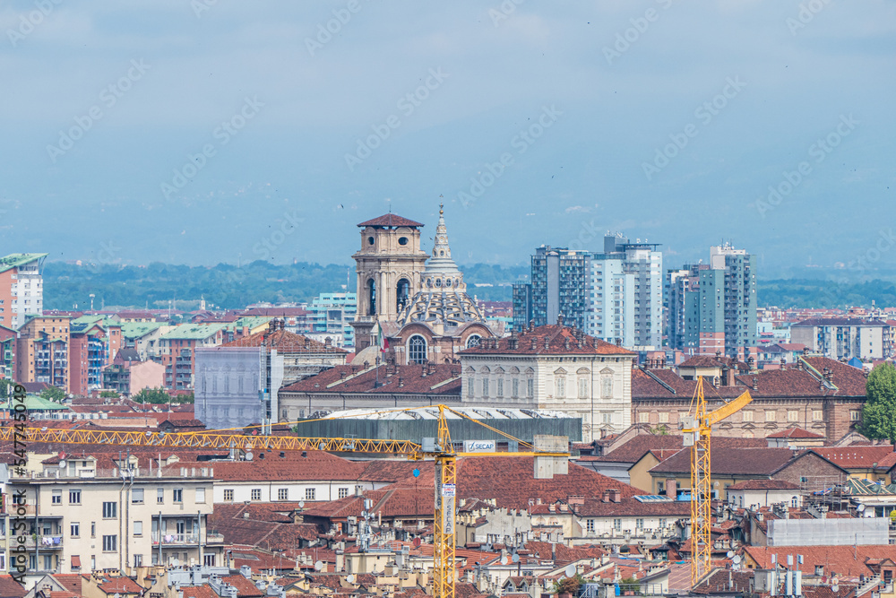 Aerial view of the skyline of Turin with the Mole Antonelliana