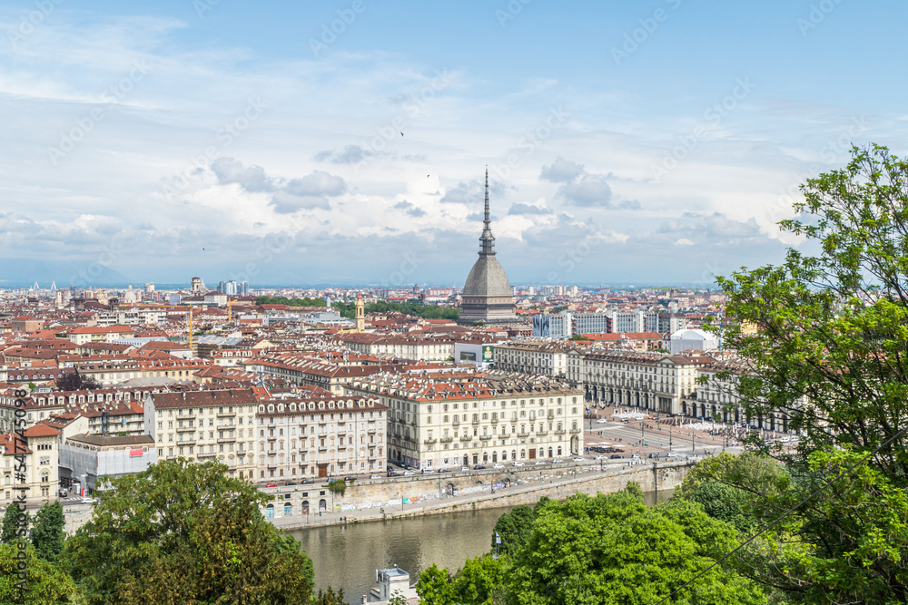 Aerial view of the skyline of Turin with the Mole Antonelliana
