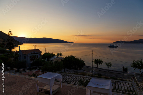 Sunrise at greek island. Beautiful view at Agia Efimia bay early at the morning, Cephalonia island, Greece.