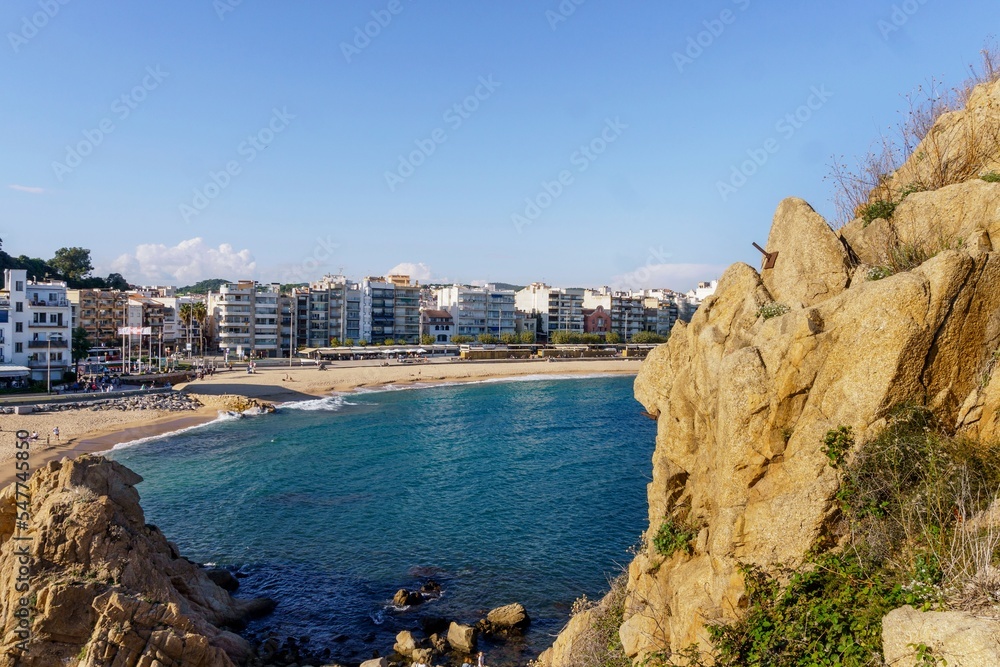 Girona, Spain-October 12, 2022. Blanes beach, Spanish municipality in the region of La Selva, Girona, Catalonia. It is known as the Gateway to the Costa Brava. In Roman times it was called Blanda