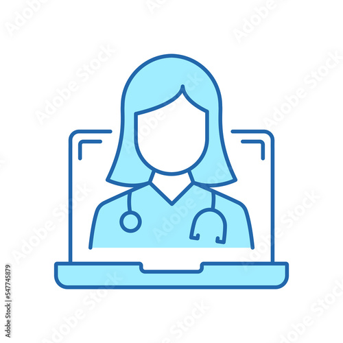 Online Digital Medicine Line Icon. Doctor in Computer Medical Health Care Online Color Pictogram. Virtual Medicine Service Outline Icon. Telemedicine. Editable Stroke. Isolated Vector Illustration