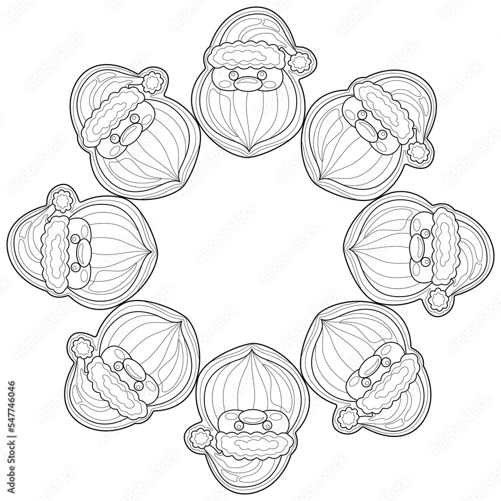 Fototapeta premium Wreath with gingerbread. Santa Claus.Coloring book antistress for children and adults. Illustration isolated on white background.Zen-tangle style. Hand draw