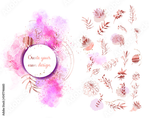 Big hand drawn plant set - universally useable. flowers with ornaments and gold glitter effects. Element design. Vector illustration with colorful watercolors and gold.