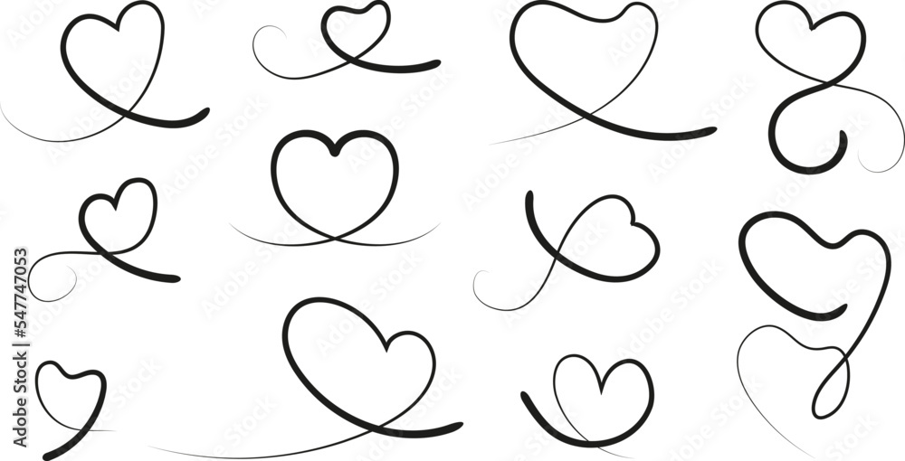 Line hearts, curved heart calligraphy element. Black liner or brush swoosh, lettering tails isolated vector set. Decor valentines day cards, love and romantic simple design Line hearts, curved heart calligraphy element. Black liner or brush swoosh, lettering tails isolated vector set. Decor valentines day cards, love and romantic simple design