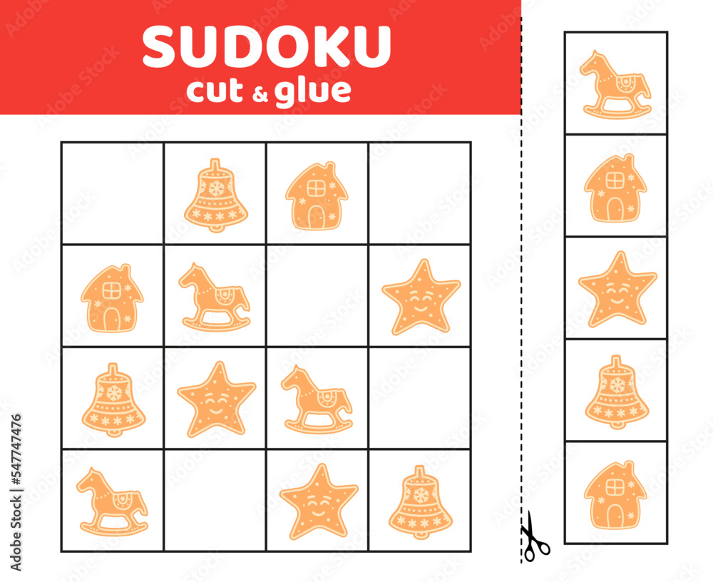 Sudoku for kids with gingerbreads. Christmas cookie. Sudoku for children. Cut and glue. Cartoon