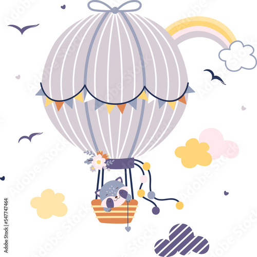 Animal on hot air balloon. Animals fly in sky, cute cartoon childish print design. Funny adorable baby design, travel flight nowaday vector background