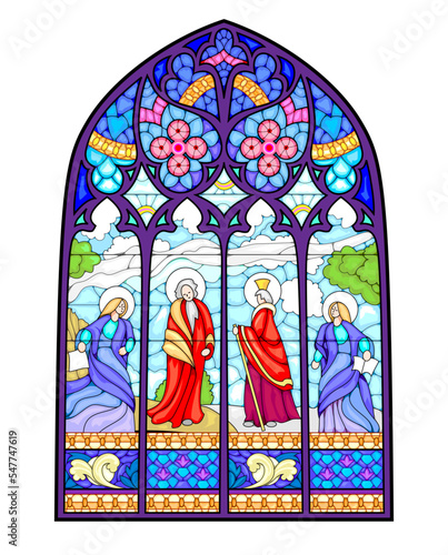 Beautiful colorful medieval stained glass window. Gothic architectural style. Christian decoration with holy Apostles. Architecture in France churches. Middle ages in Western Europe. Vector drawing.