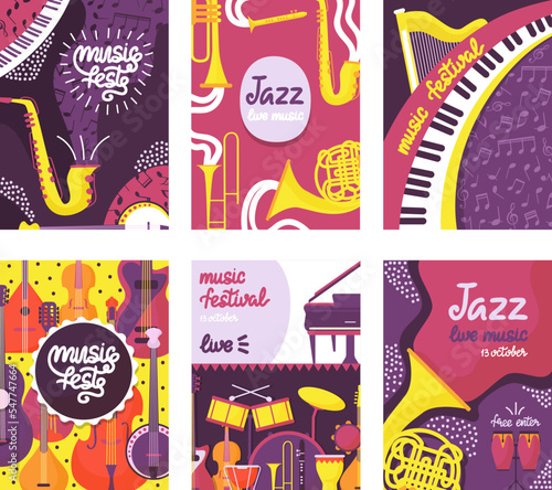 Music festival posters with instruments. Jazz street fest flyers, musical summer party banners. Design event invitation neoteric vector template