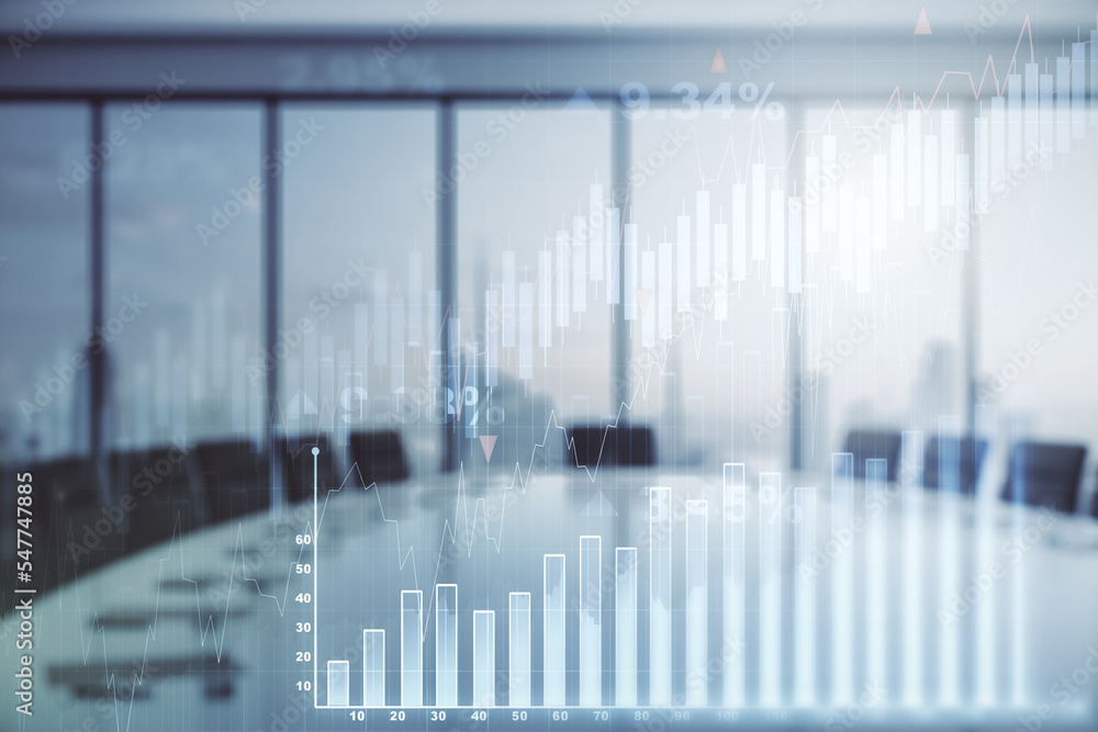 Multi exposure of abstract virtual financial graph hologram on a modern conference room background, forex and investment concept Multi exposure of abstract virtual financial graph hologram on a modern conference room background, forex and investment concept