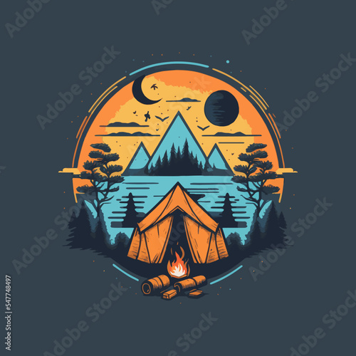 Camping Tent Illustration with Mountains Forest for Logo Badges Poster Emblem