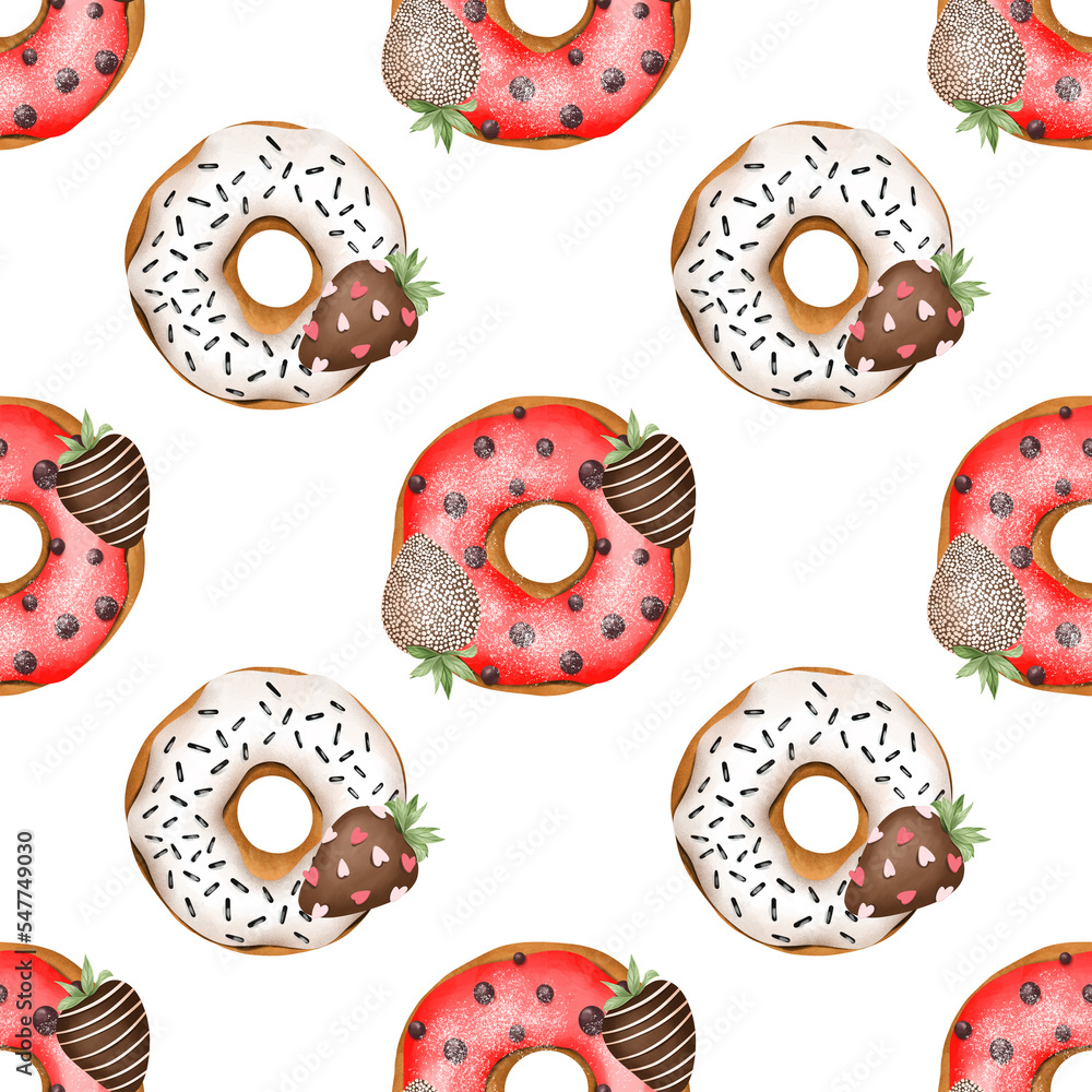 Fototapeta premium Seamless pattern of colored round white and red glazed donuts with chocolate strawberries, hand drawn watercolor illustration on white background