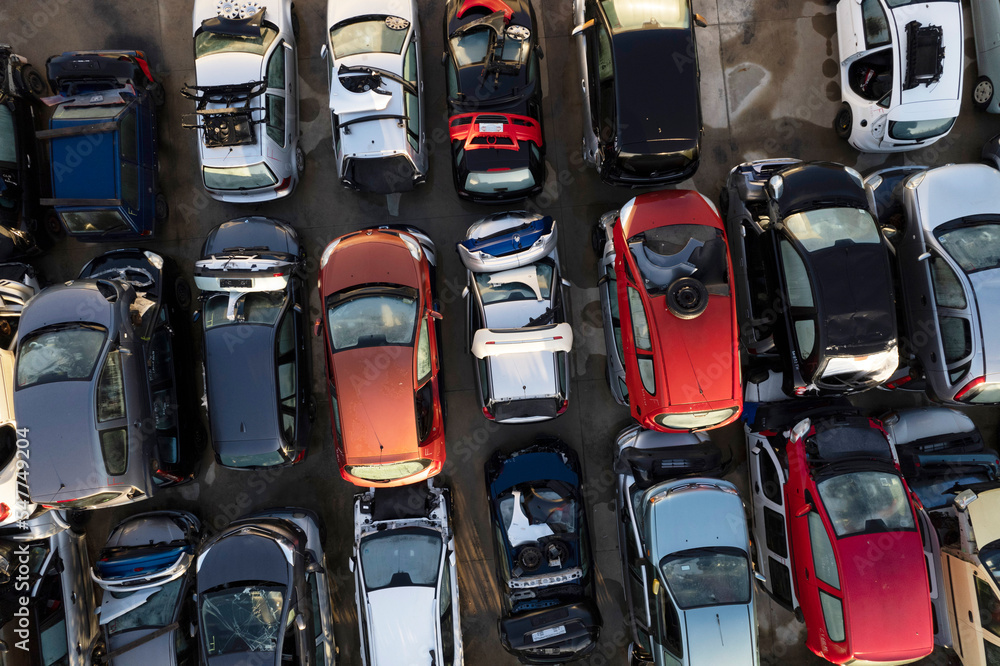 Fototapeta premium Aerial view of a small car demolition park