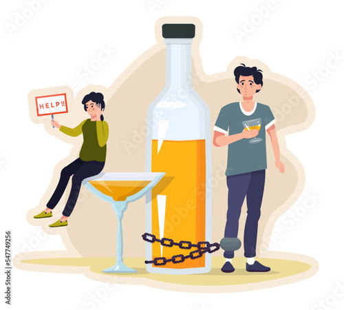 Alcoholism concept. Drunken man and woman. People with alcohol abuse. Man with a glass chained to the bottle. Woman asking for help. Addicted drinkers flat vector illustration.