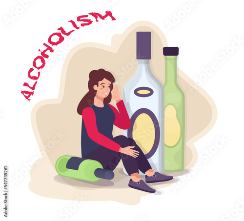 Alcoholism concept. Drunken woman with a headache. Hangover. Alcohol abuse. Girl sitting with bottles of alcohol. Can’t stop drinking.  Addicted drinker flat vector illustration.