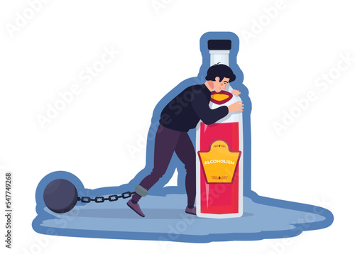 Alcoholism concept. Drunken man hugging bottle. Hangover. Alcohol abuse. Bad habit. Can’t stop drinking.  Addicted drinker flat vector illustration.