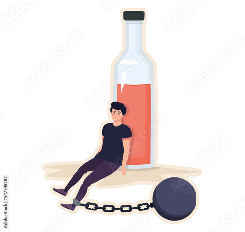 Alcoholism concept. Drunken man with a bottle. Chained to the bottle. Alcohol abuse. Bad habit. Can’t stop drinking.  Addicted drinker flat vector illustration.