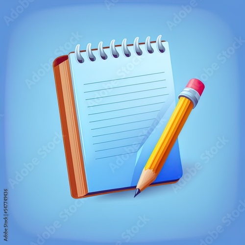Note book and pencil 3D icon isolated on blue, Remind or checklist and education concept, 2d 2d illustrated