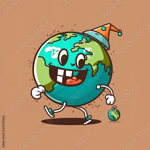 Retro globe cartoon mascot character. Happy vintage walking earth mascot illustration.