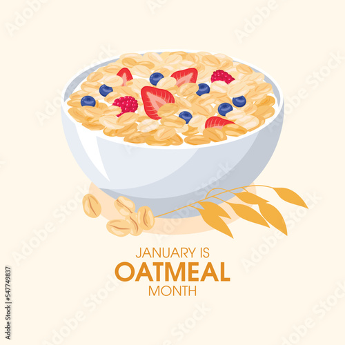 January is National Oatmeal Month vector. Bowl of oatmeal with milk and berries icon vector. Healthy cereal breakfast with fruits icon vector. Oat flakes breakfast design element. Important day