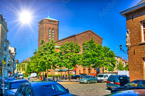 ANTWERP, BELGIUM - JUN 2013: Red brick catholic church on June 7 photo