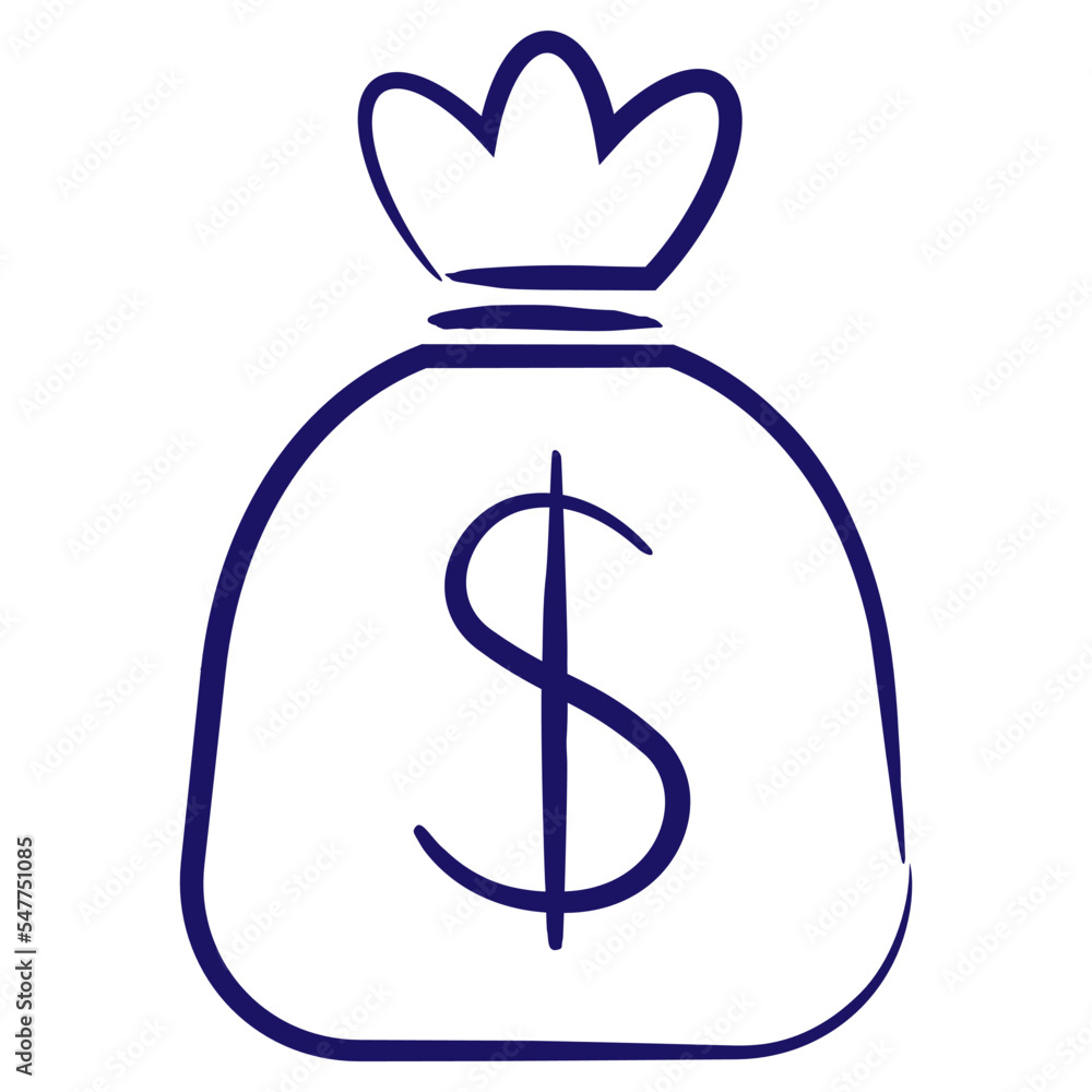 Full money bag with dollar sign. Simple outline vector blue icon drawn with brush isolated on transparent background Full money bag with dollar sign. Simple outline vector blue icon drawn with brush isolated on transparent background
