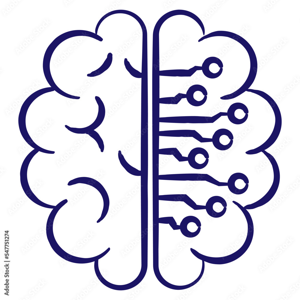 Artificial intelligence in the form of a brain with a microcircuit. Simple outline vector blue icon drawn with brush isolated on transparent background Artificial intelligence in the form of a brain with a microcircuit. Simple outline vector blue icon drawn with brush isolated on transparent background