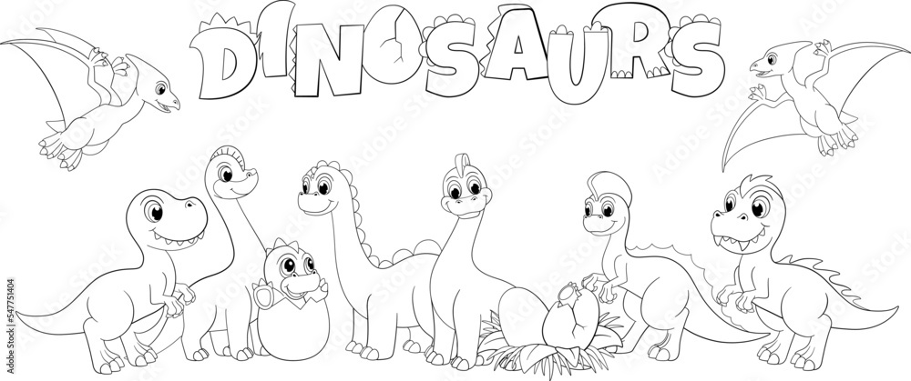 Cute cartoon dinosaurs group, line dinos family and dinosaur lettering. Coloring childish fancy picture, funny vector dinosaur prehistoric character