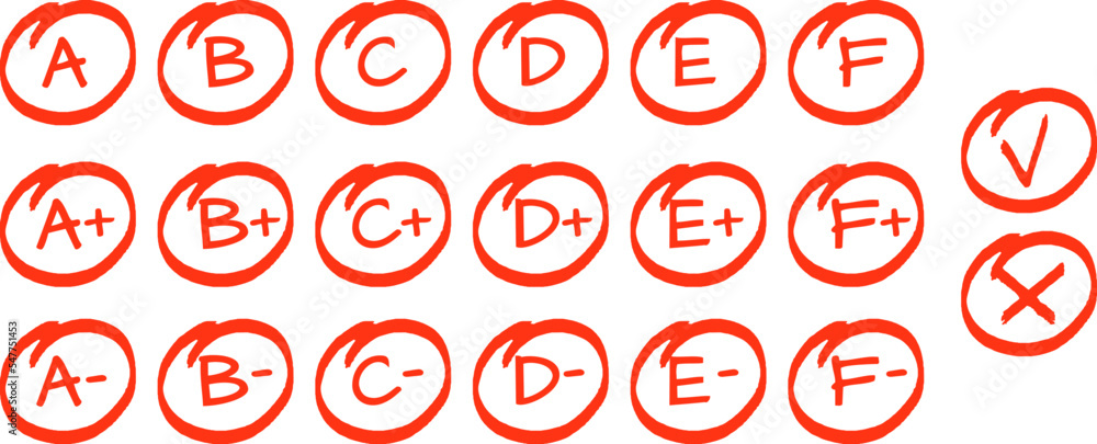 Exam result set, hand drawn letters A F in circles and do and dont marks. Education school graphic, red grade from perfect to not good, vector sketch signs - obrazy, fototapety, plakaty 