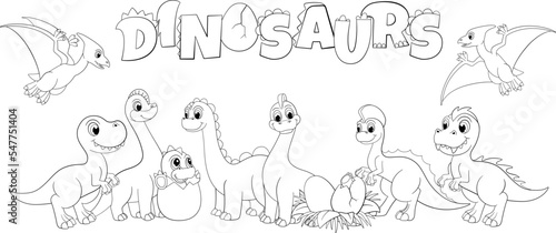 Cute cartoon dinosaurs group, line dinos family and dinosaur lettering. Coloring childish fancy picture, funny vector dinosaur prehistoric character