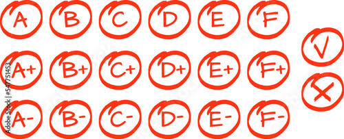 Exam result set, hand drawn letters A F in circles and do and dont marks. Education school graphic, red grade from perfect to not good, vector sketch signs