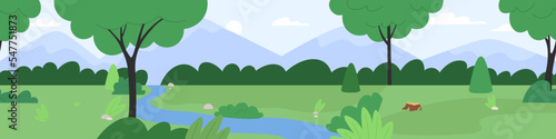 Summer forest landscape  green meadow river coast and tree. Camp hiking adventures. Vector nature background  mountains cartoon banner