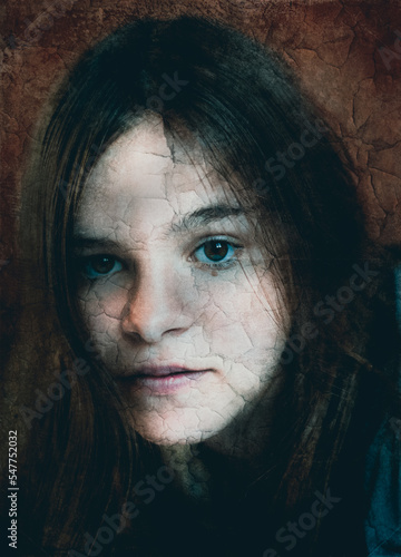 textured portrait of a young woman with textures and cracks , concept of mental health problems and psychology .