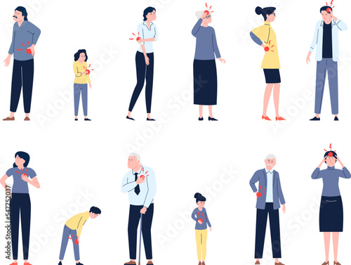 People suffer pain and spasm. Aching back, neck, muscular. Worker painful condition, infecting disease. Recent illnesses man woman vector set