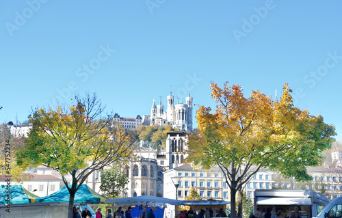 Fotografie, Obraz Autumn Panorama of Lyon with in the foreground the market saint Antoine, and in the background the magnificent basilica our lady of Fourvière