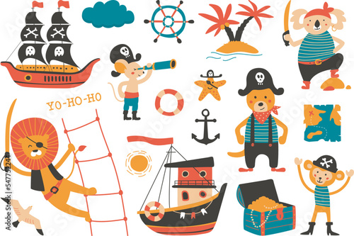 Cartoon animal pirates, ocean adventures marine elements. Cute kids pirate, sailing ship and seagull. Lion koala sailor, monkey with treasure, classy vector collection