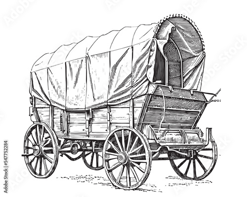 Covered wagon retro stagecoach hand drawn sketch Vector illustration.