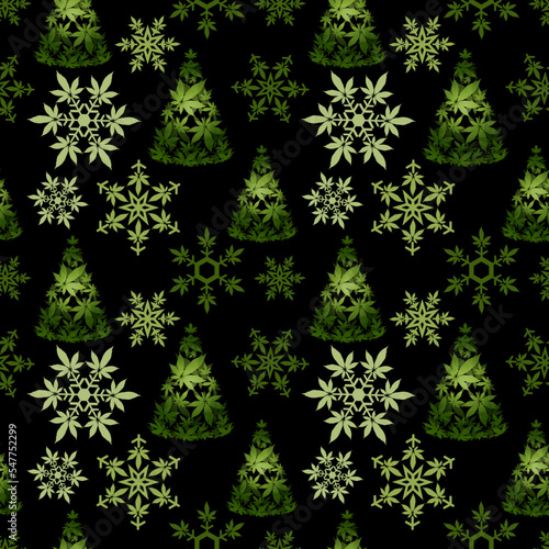Christmas tree with cannabis leaves seamless  pattern