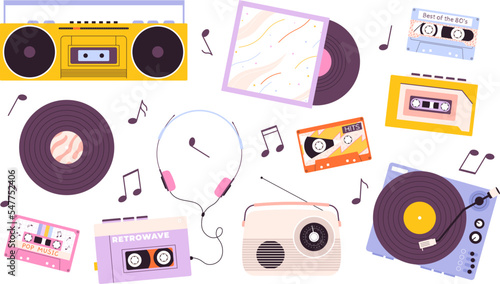 Music retro device, vinyl and headphones. 1980s style players collection, analogue sound radio, audio cassette recorder. Vintage racy vector collection