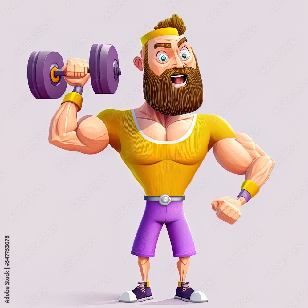 Cartoon beard character man yellow t shirt and purple shorts does exercises with dumbbells isolated over white background. Raises muscular arms. 3d render illustration. Cartoon beard character man yellow t shirt and purple shorts does exercises with dumbbells isolated over white background. Raises muscular arms. 3d render illustration.