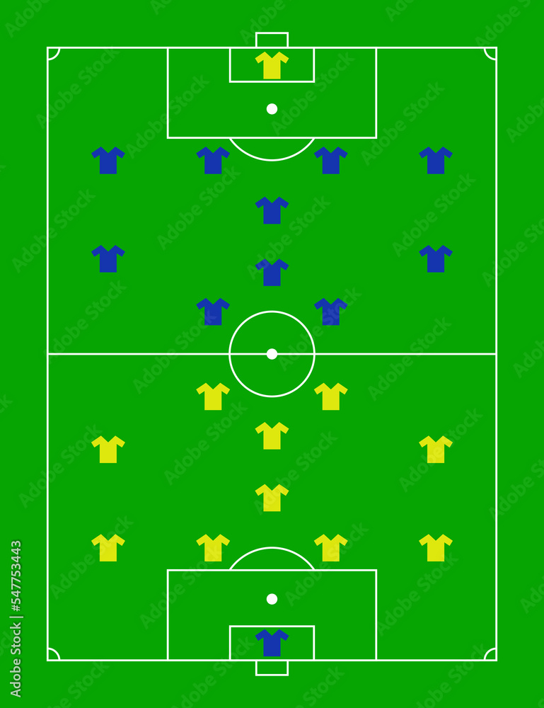Green football field with a tactical scheme of the arrangement of players of two soccer teams on the board, organisation of a game diagram for a fantasy league coach. Vector. Green football field with a tactical scheme of the arrangement of players of two soccer teams on the board, organisation of a game diagram for a fantasy league coach. Vector.