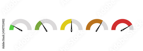 Dashboard colorful speedometer icons set. Tachometer icon isolated. Performance indicator sign. Car speed. Fast internet speed sign. Speedometer icon. 3D meter with green, yellow, red indicators.