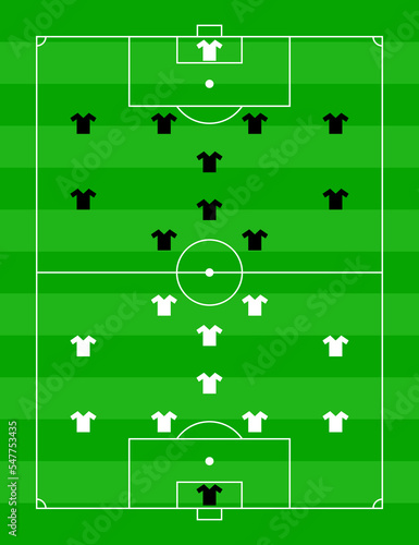 Green football field with a tactical scheme of the arrangement of players of two soccer teams on the board, organisation of a game diagram for a fantasy league coach. Vector.