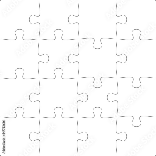Puzzles grid template 4x4. Jigsaw puzzle pieces, thinking game and  jigsaws detail frame design. Business assemble metaphor or puzzles game challenge vector.