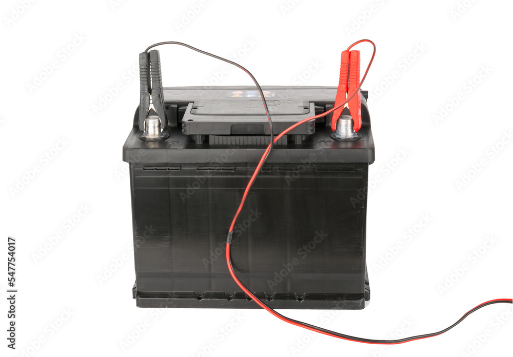 Car battery with two jumper isolated on white without shadow with clipping path Car battery with two jumper isolated on white without shadow with clipping path