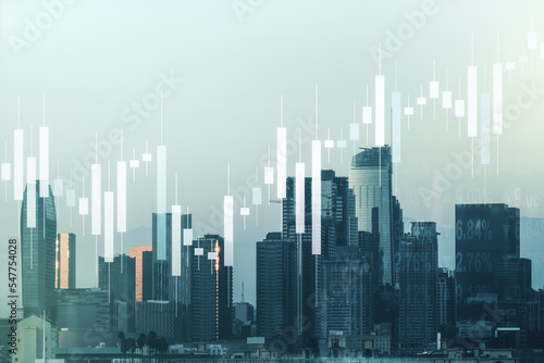 Multi exposure of abstract virtual financial graph hologram on Los Angeles skyline background  forex and investment concept