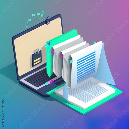 3d file transfer of document in folder, file transfer encrypted form, connection docs information migration concept. 3d docs file and folder laptop. 3d document exchange 2d illustrated render