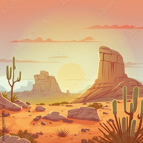 Warm sunrise in desert. Rocks and cliffs with acacias. Desert sand. Landscape of southern countryside. Cool cartoon style. 2d illustrated