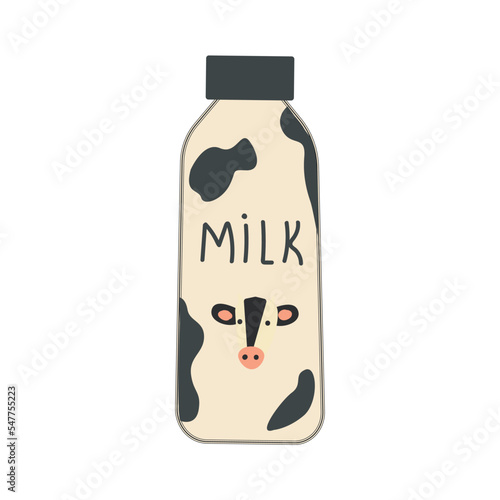 Closed traditional glass bottle of natural milk with glossy cap isolated vector illustration.