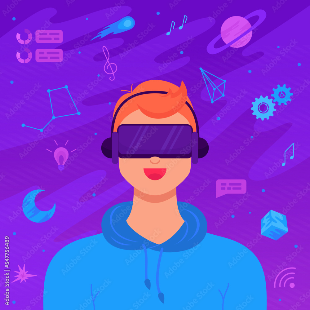 Metaverse digital world technology concept. Young man use virtual reality headset surrounded with cyber metaverse simulation. Innovation network experience, AR gaming. Futuristic lifestyle. Vector Metaverse digital world technology concept. Young man use virtual reality headset surrounded with cyber metaverse simulation. Innovation network experience, AR gaming. Futuristic lifestyle. Vector