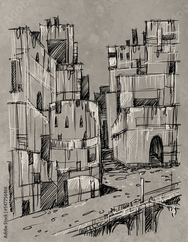sci-fi cityscape, illustration, sketch - digital painting